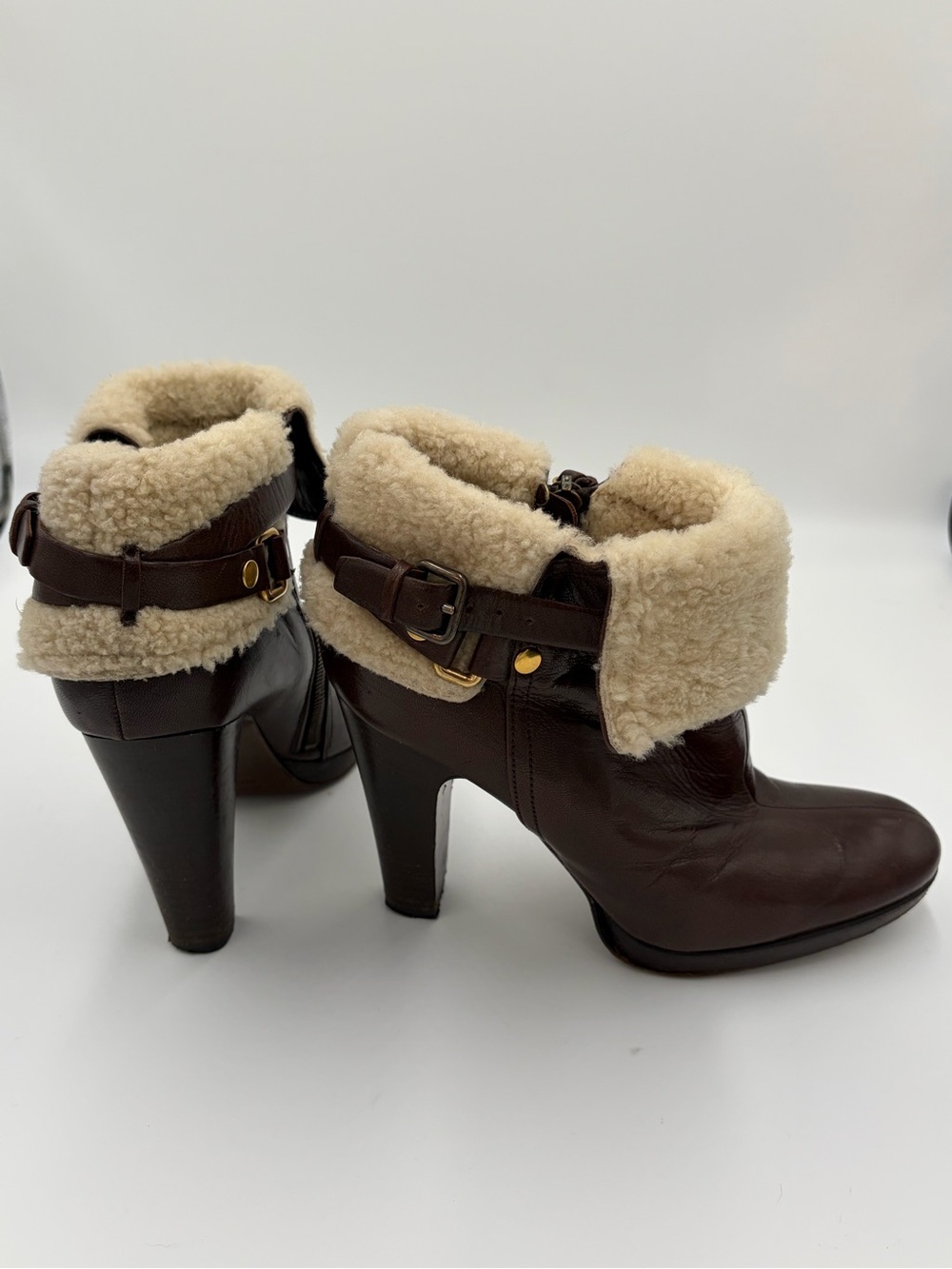 Miu Miu Brown Leather Shearling-Cuff Ankle Boots Bootie Size 39 Heels